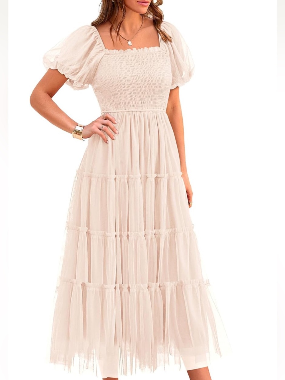 NWT ✨ PrettyGarden Puff Sleeve Smocked Midi Dress in Cream -
Large 12/14